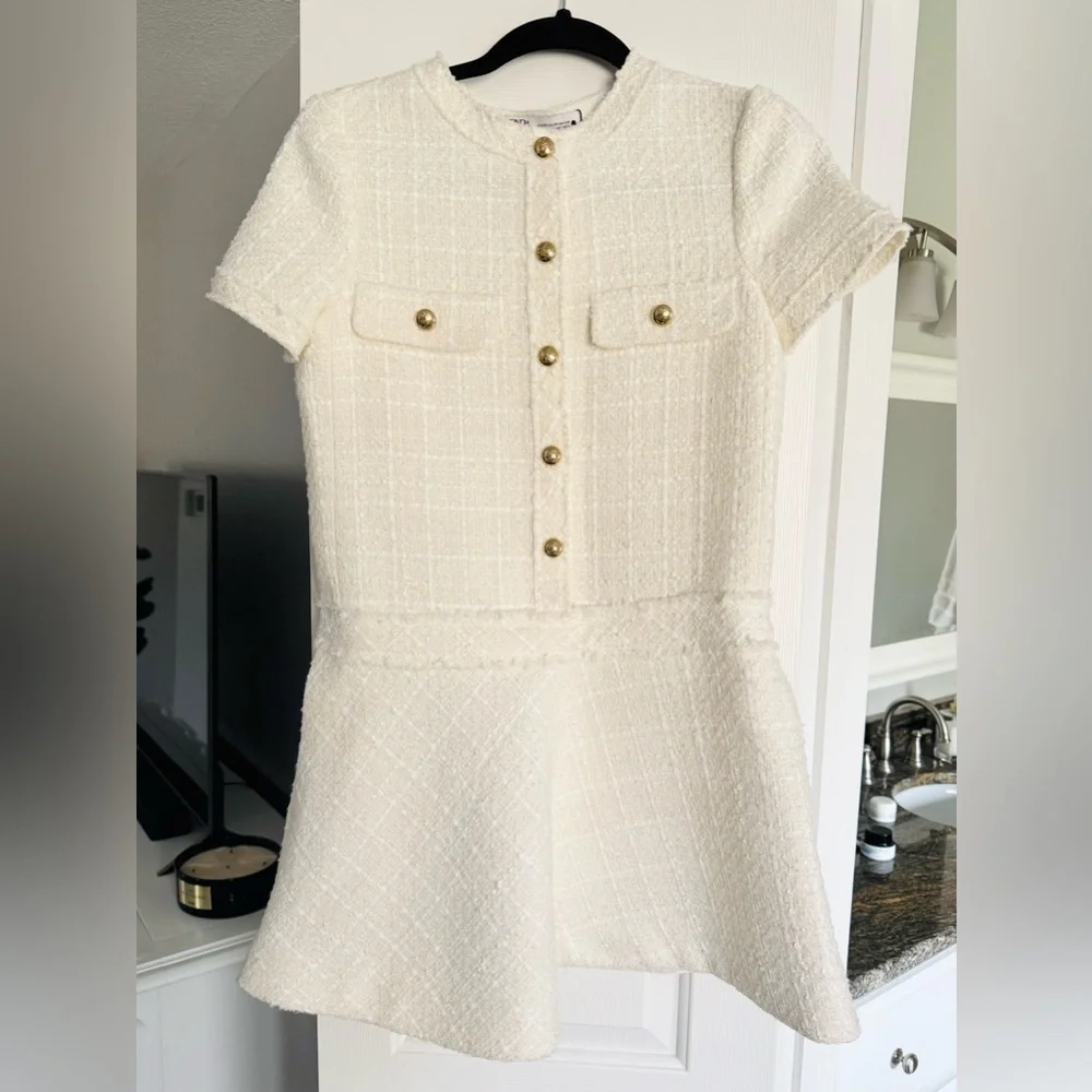 *BRAND NEW* Zara Cream/White Tweed Dress with Gold Buttons XS - Picture 2 of 14